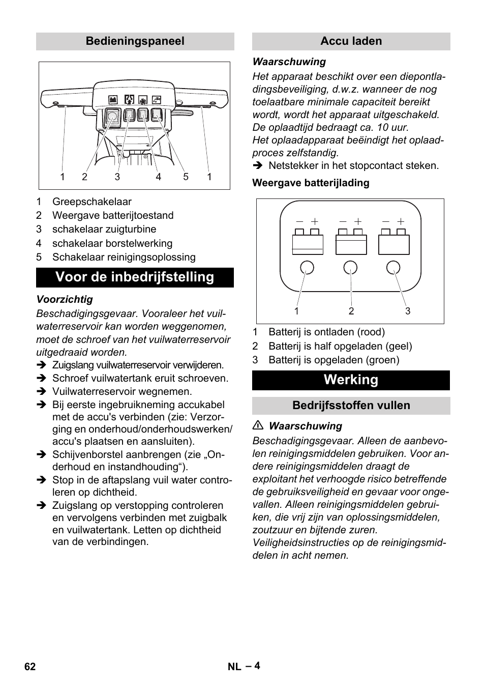 Voor de inbedrijfstelling, Werking | Karcher BD 40-12 C Bp Pack User Manual | Page 62 / 374