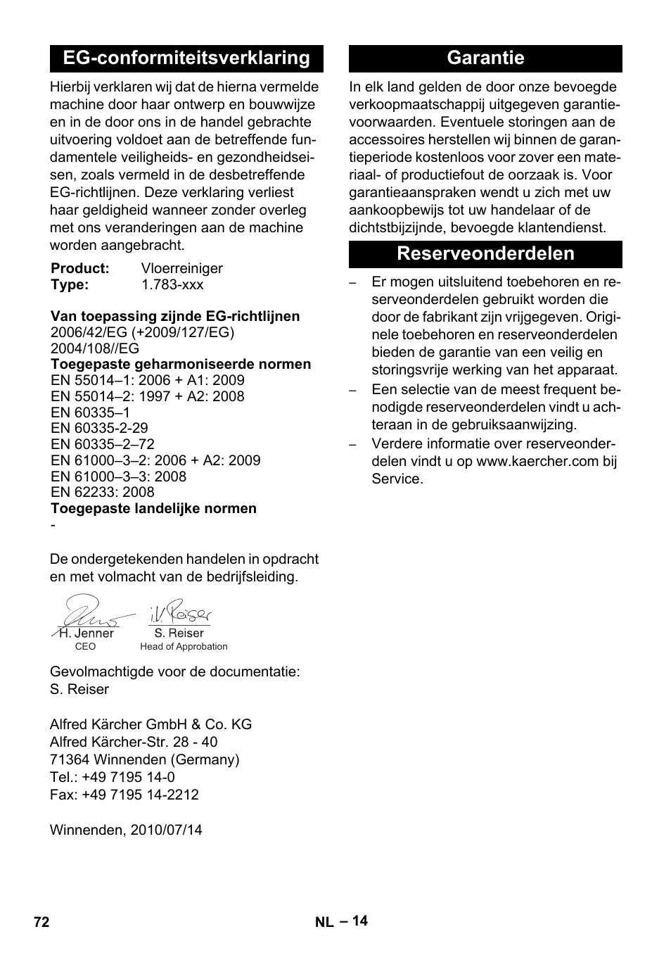 Eg-conformiteitsverklaring, Garantie reserveonderdelen | Karcher BD 40-12 C Bp Pack User Manual | Page 72 / 374