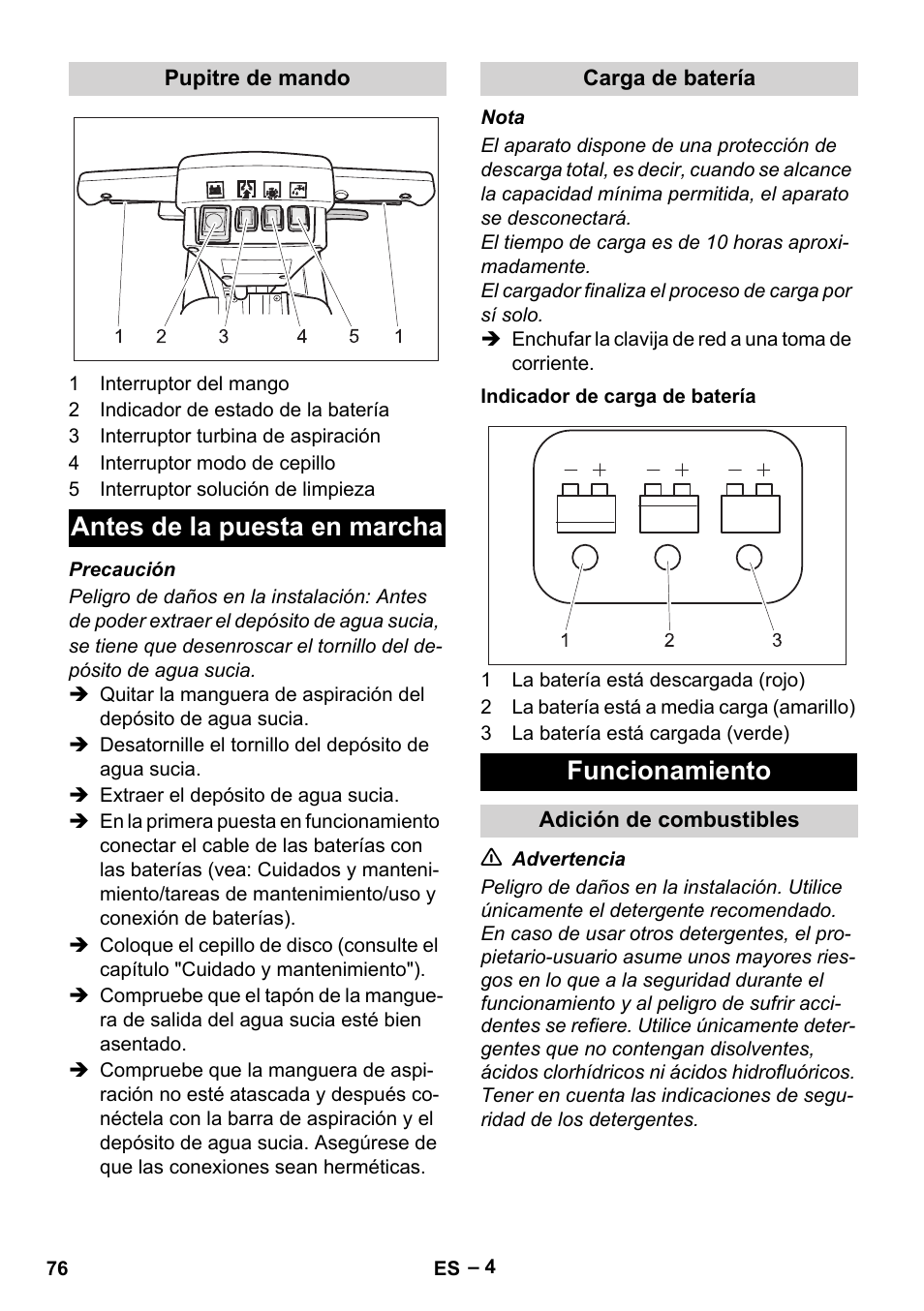 Antes de la puesta en marcha, Funcionamiento | Karcher BD 40-12 C Bp Pack User Manual | Page 76 / 374