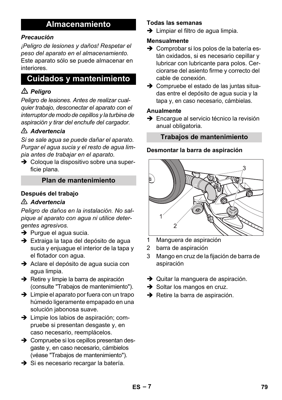 Almacenamiento cuidados y mantenimiento | Karcher BD 40-12 C Bp Pack User Manual | Page 79 / 374