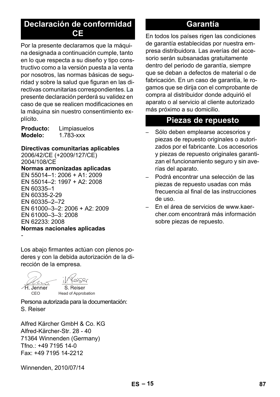 Declaración de conformidad ce, Garantía piezas de repuesto | Karcher BD 40-12 C Bp Pack User Manual | Page 87 / 374