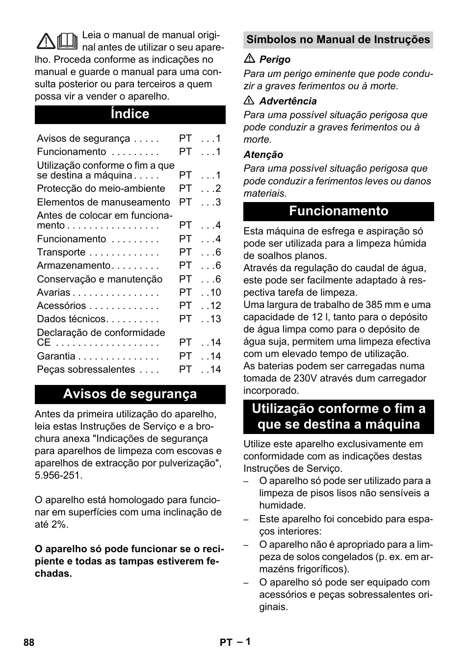 Português, Índice, Avisos de segurança | Karcher BD 40-12 C Bp Pack User Manual | Page 88 / 374