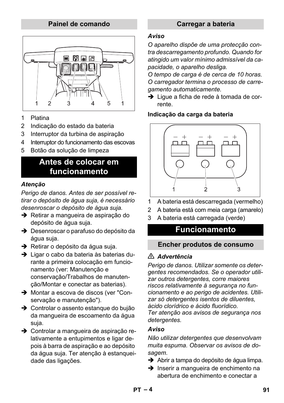 Antes de colocar em funcionamento, Funcionamento | Karcher BD 40-12 C Bp Pack User Manual | Page 91 / 374