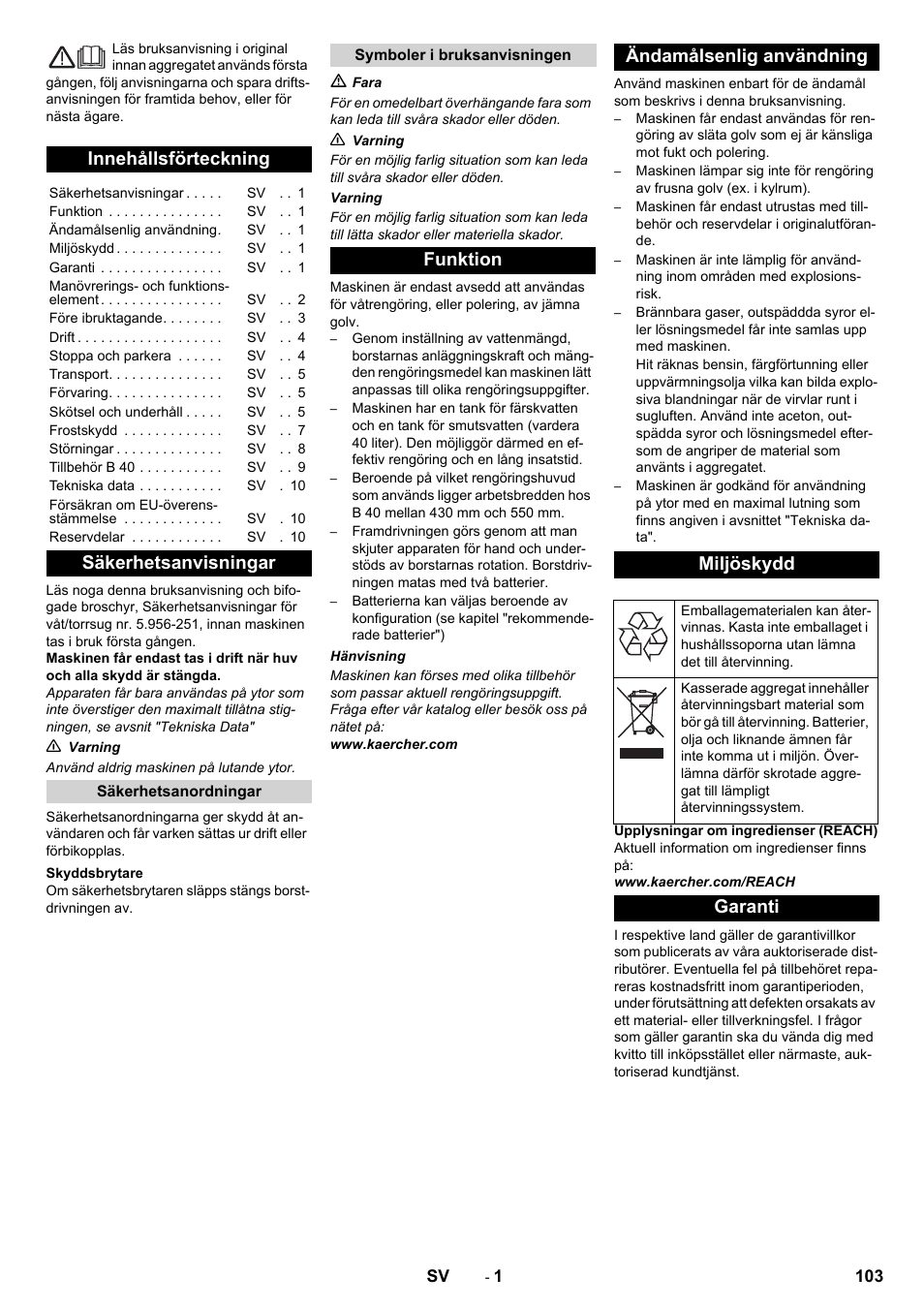 Svenska, Innehållsförteckning, Säkerhetsanvisningar | Funktion ändamålsenlig användning miljöskydd, Garanti | Karcher B 40 C Ep R 55 User Manual | Page 103 / 276