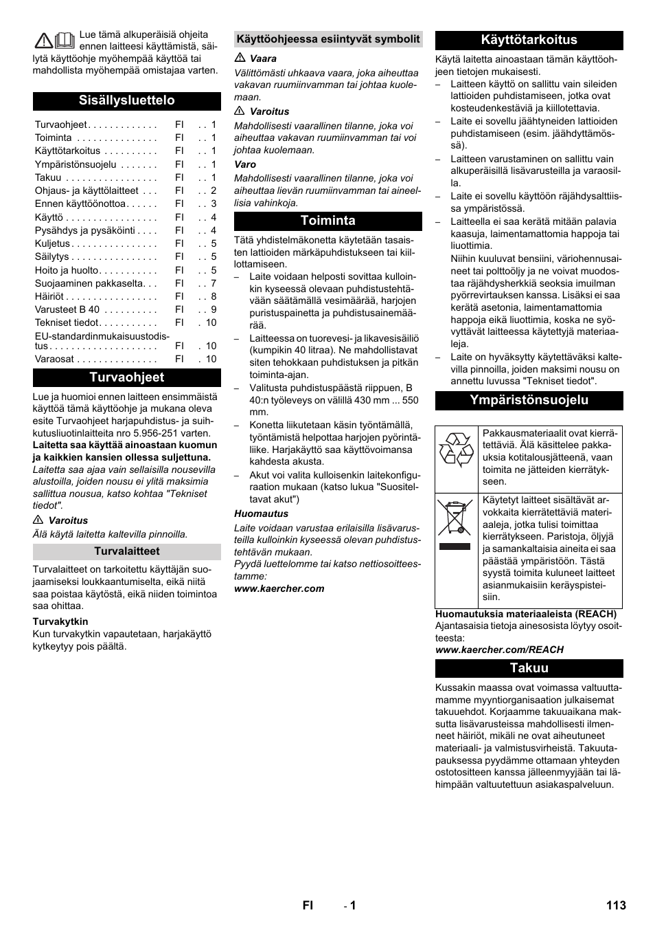 Suomi, Sisällysluettelo, Turvaohjeet | Toiminta käyttötarkoitus ympäristönsuojelu, Takuu | Karcher B 40 C Ep R 55 User Manual | Page 113 / 276
