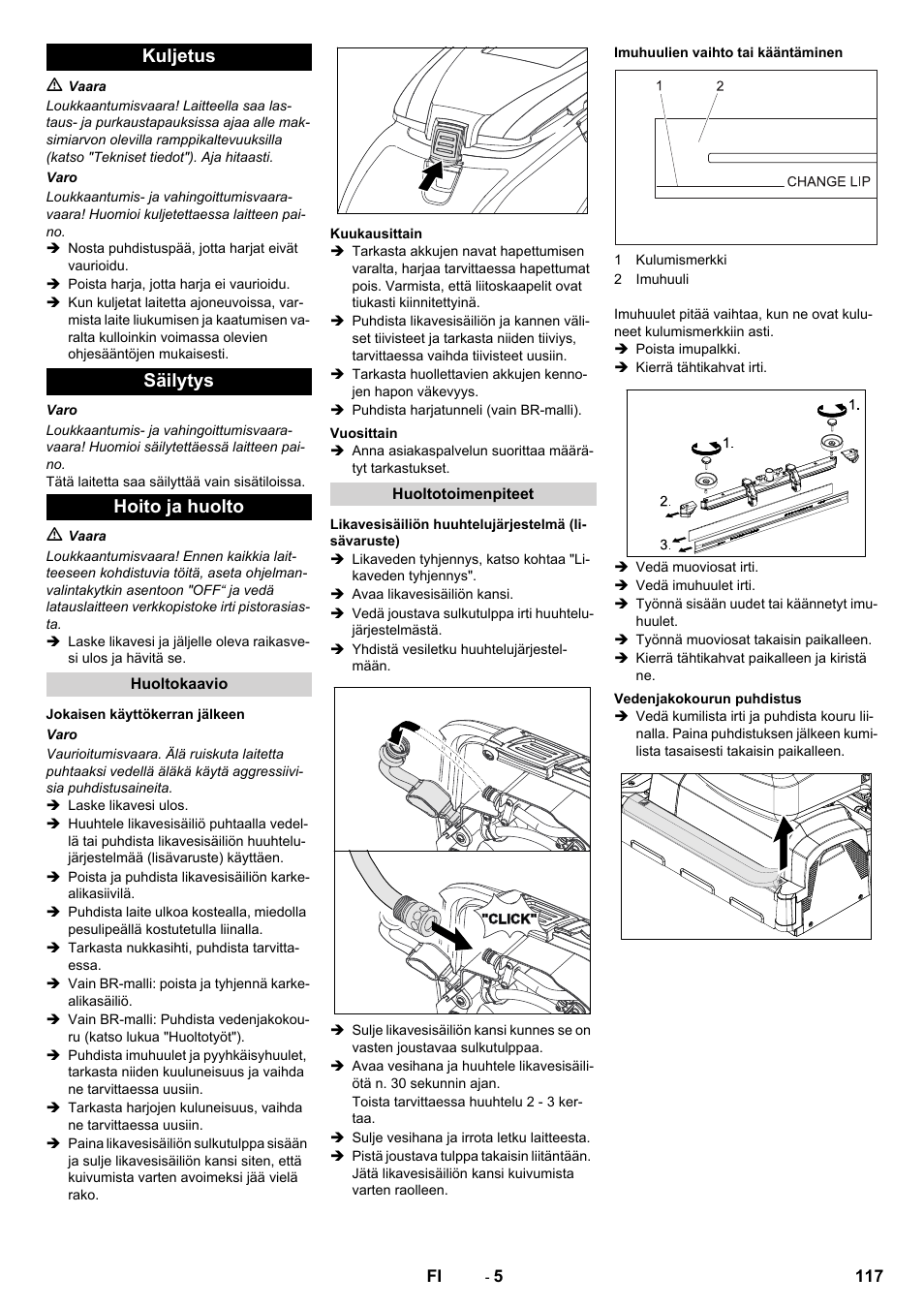 Kuljetus säilytys hoito ja huolto | Karcher B 40 C Ep R 55 User Manual | Page 117 / 276