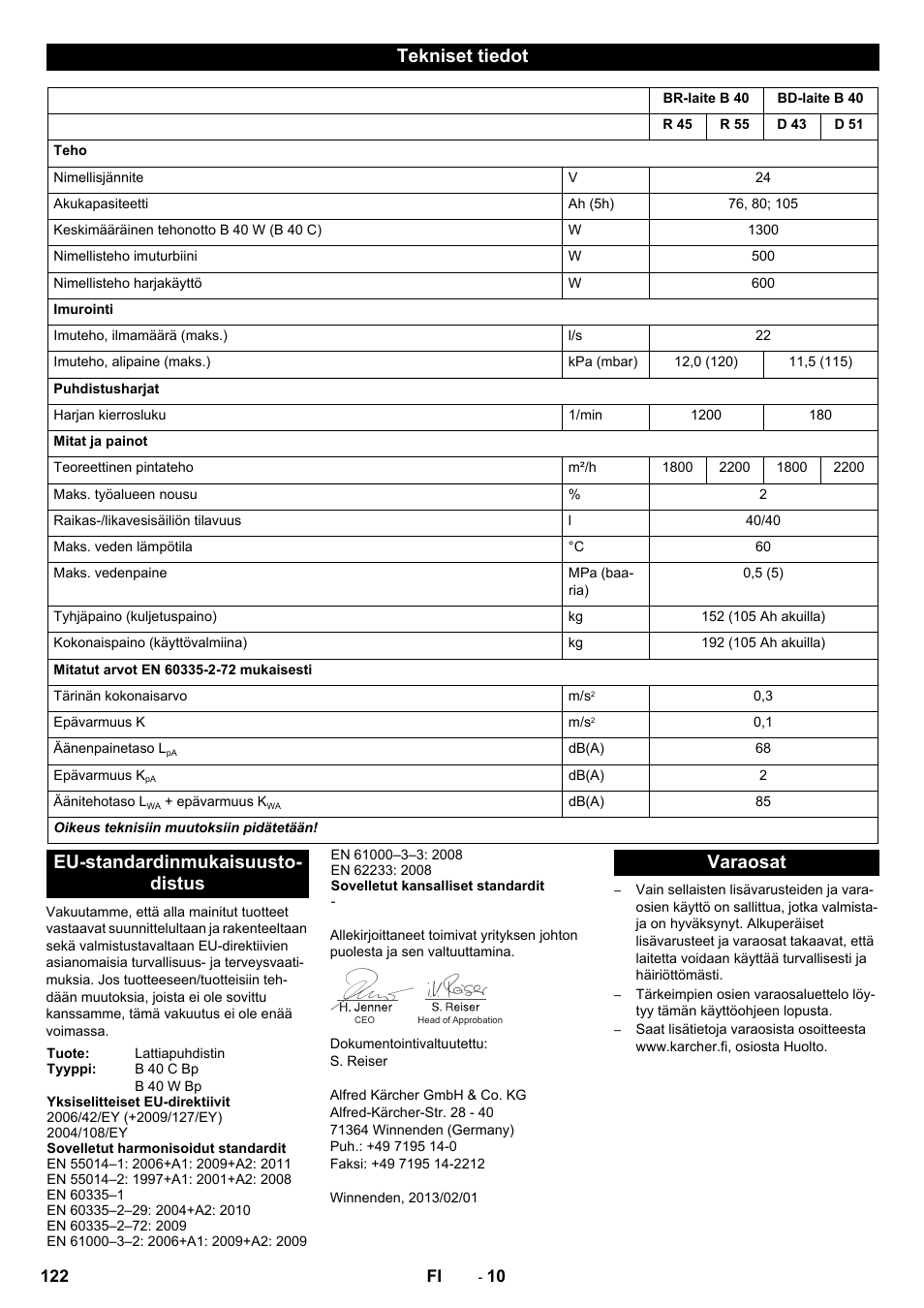 Tekniset tiedot, Eu-standardinmukaisuusto- distus, Varaosat | Karcher B 40 C Ep R 55 User Manual | Page 122 / 276