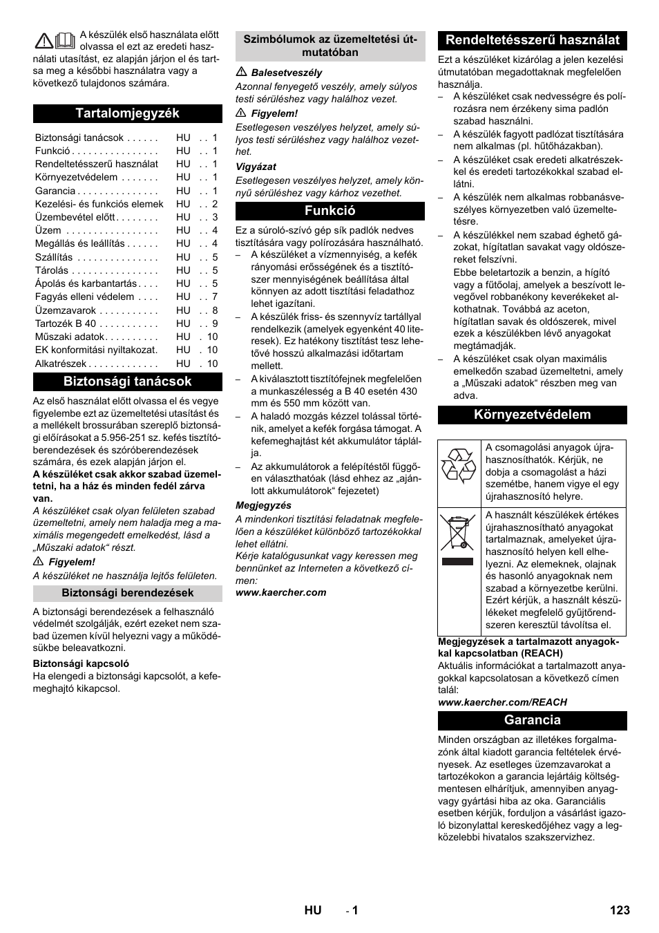 Magyar, Tartalomjegyzék, Biztonsági tanácsok | Garancia | Karcher B 40 C Ep R 55 User Manual | Page 123 / 276