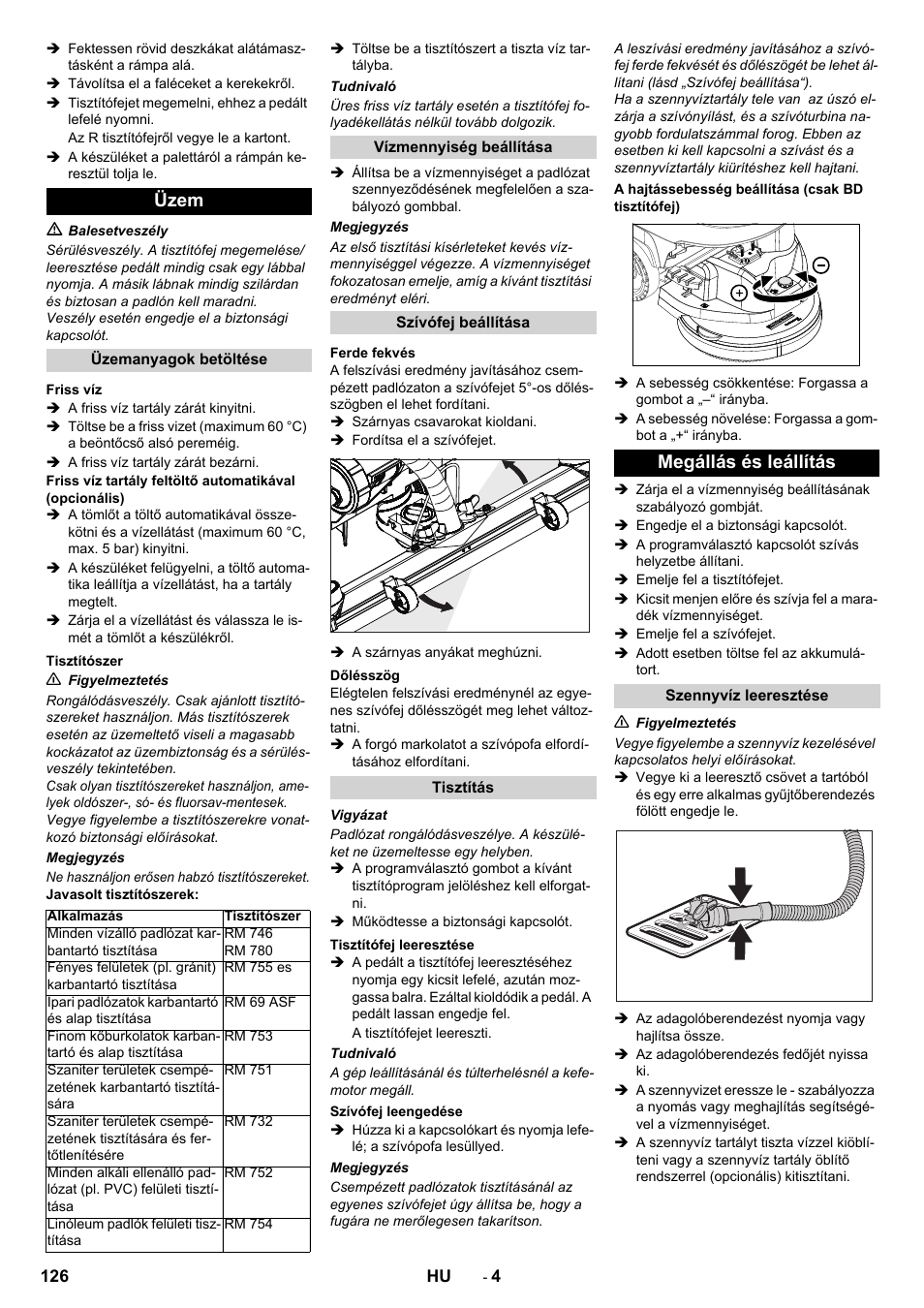 Üzem, Megállás és leállítás | Karcher B 40 C Ep R 55 User Manual | Page 126 / 276