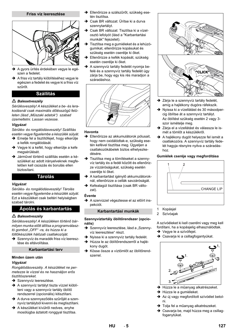 Szállítás tárolás ápolás és karbantartás | Karcher B 40 C Ep R 55 User Manual | Page 127 / 276