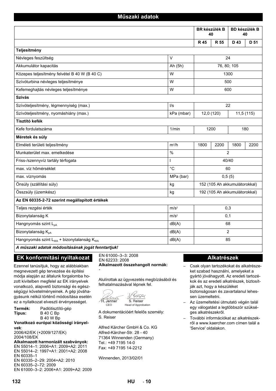 Műszaki adatok, Ek konformitási nyiltakozat, Alkatrészek | Karcher B 40 C Ep R 55 User Manual | Page 132 / 276