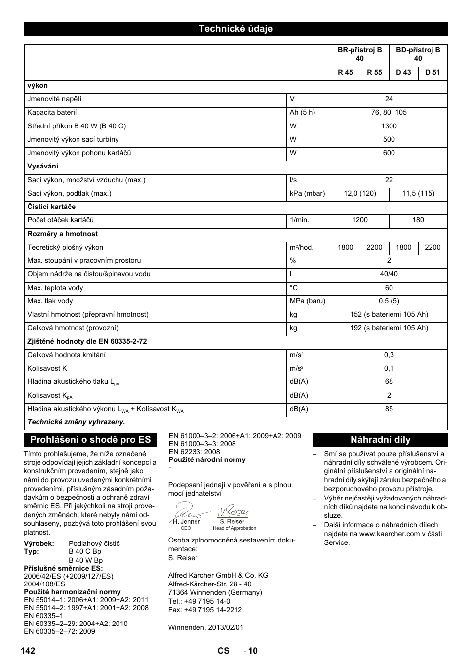 Technické údaje, Prohlášení o shodě pro es, Náhradní díly | Karcher B 40 C Ep R 55 User Manual | Page 142 / 276