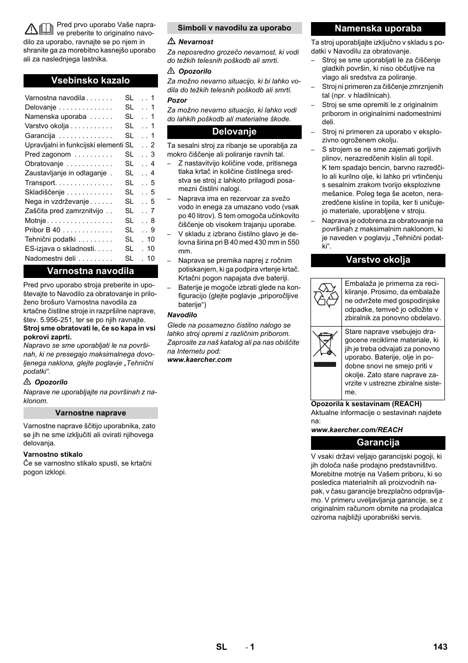 Slovenščina, Vsebinsko kazalo, Varnostna navodila | Delovanje namenska uporaba varstvo okolja, Garancija | Karcher B 40 C Ep R 55 User Manual | Page 143 / 276