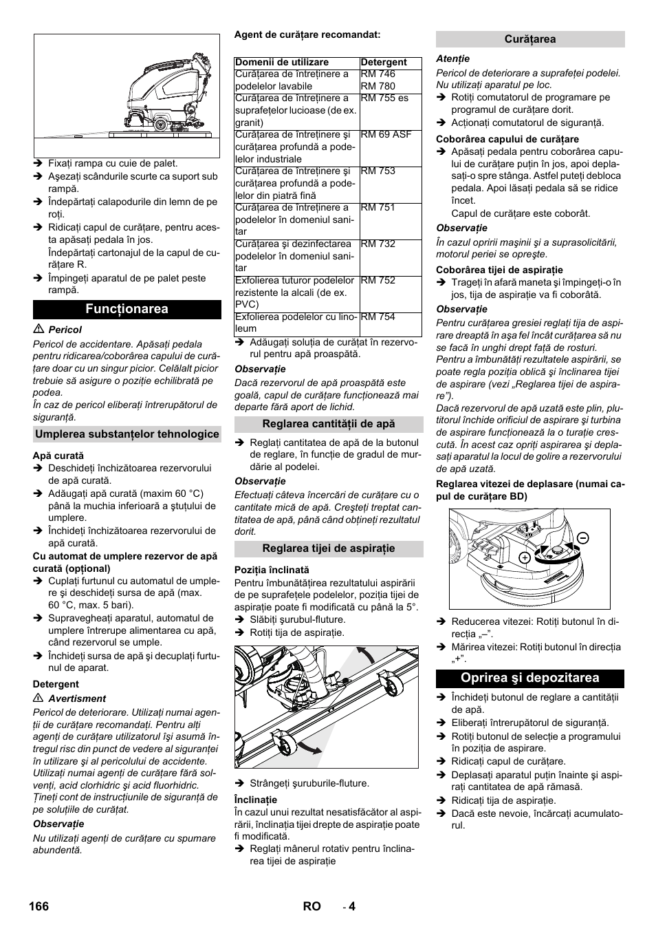 Funcţionarea, Oprirea şi depozitarea | Karcher B 40 C Ep R 55 User Manual | Page 166 / 276