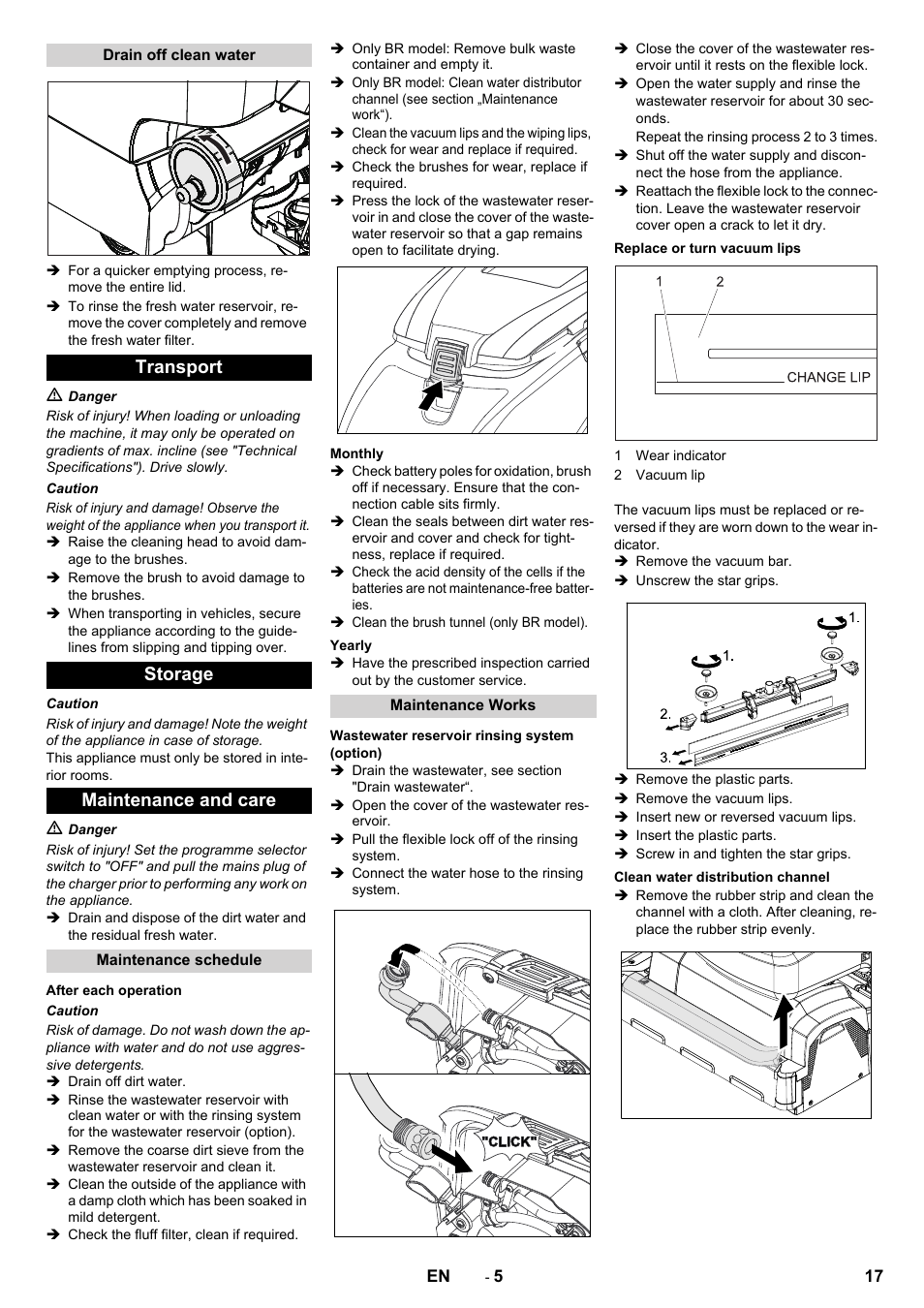 Transport storage maintenance and care | Karcher B 40 C Ep R 55 User Manual | Page 17 / 276