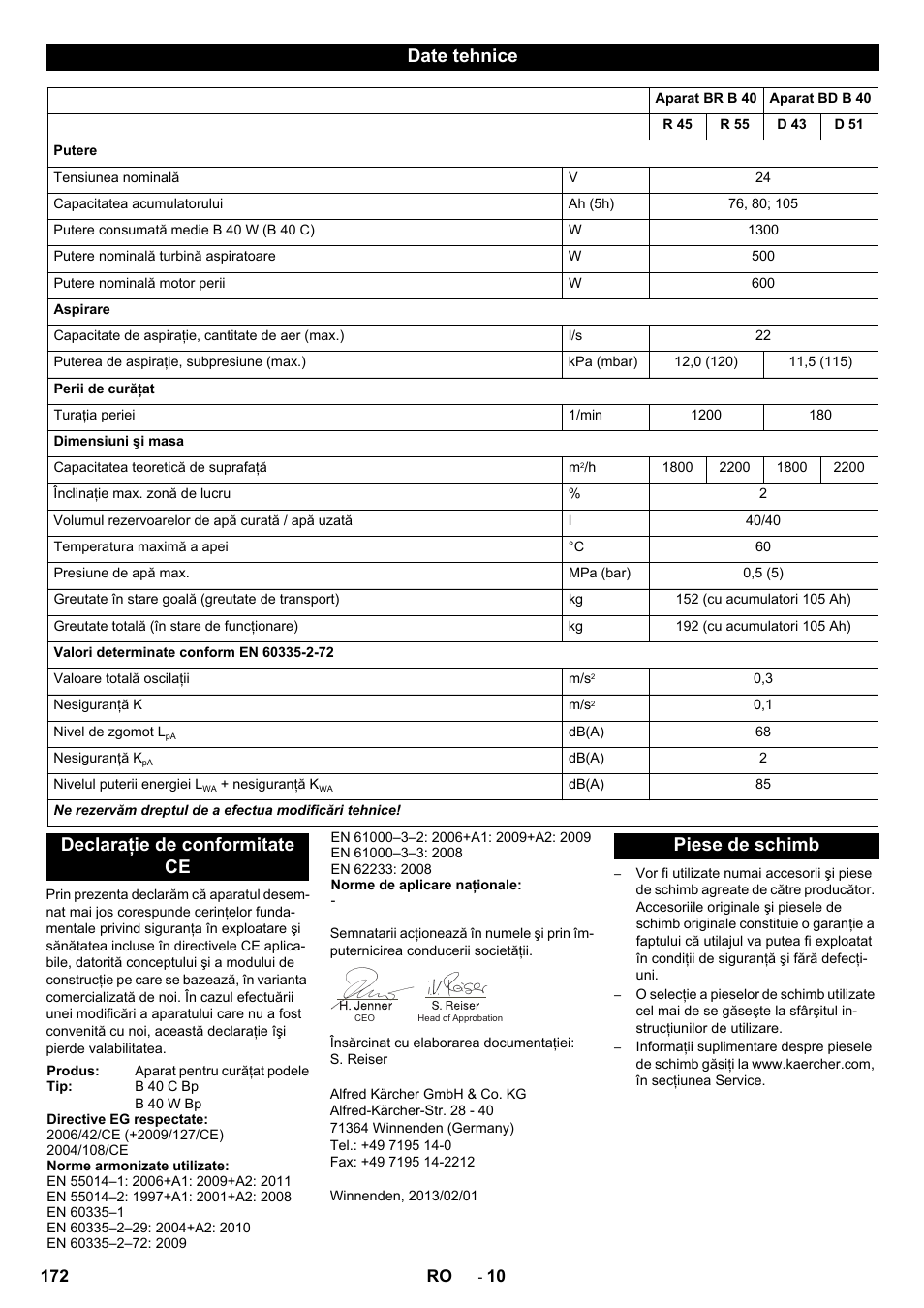 Date tehnice, Declaraţie de conformitate ce, Piese de schimb | Karcher B 40 C Ep R 55 User Manual | Page 172 / 276