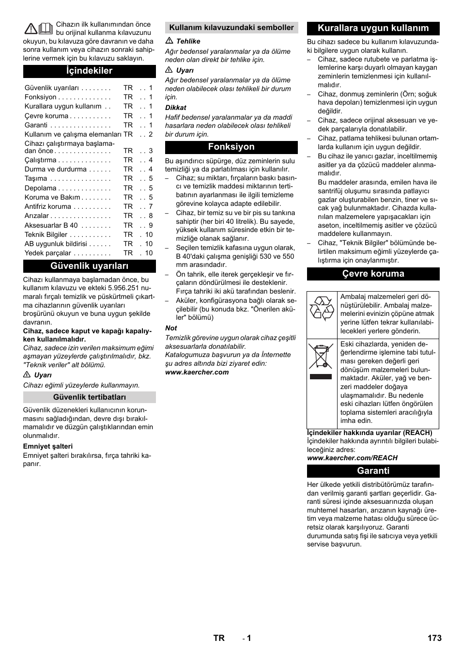 Türkçe, Içindekiler, Güvenlik uyarıları | Fonksiyon kurallara uygun kullanım çevre koruma, Garanti | Karcher B 40 C Ep R 55 User Manual | Page 173 / 276