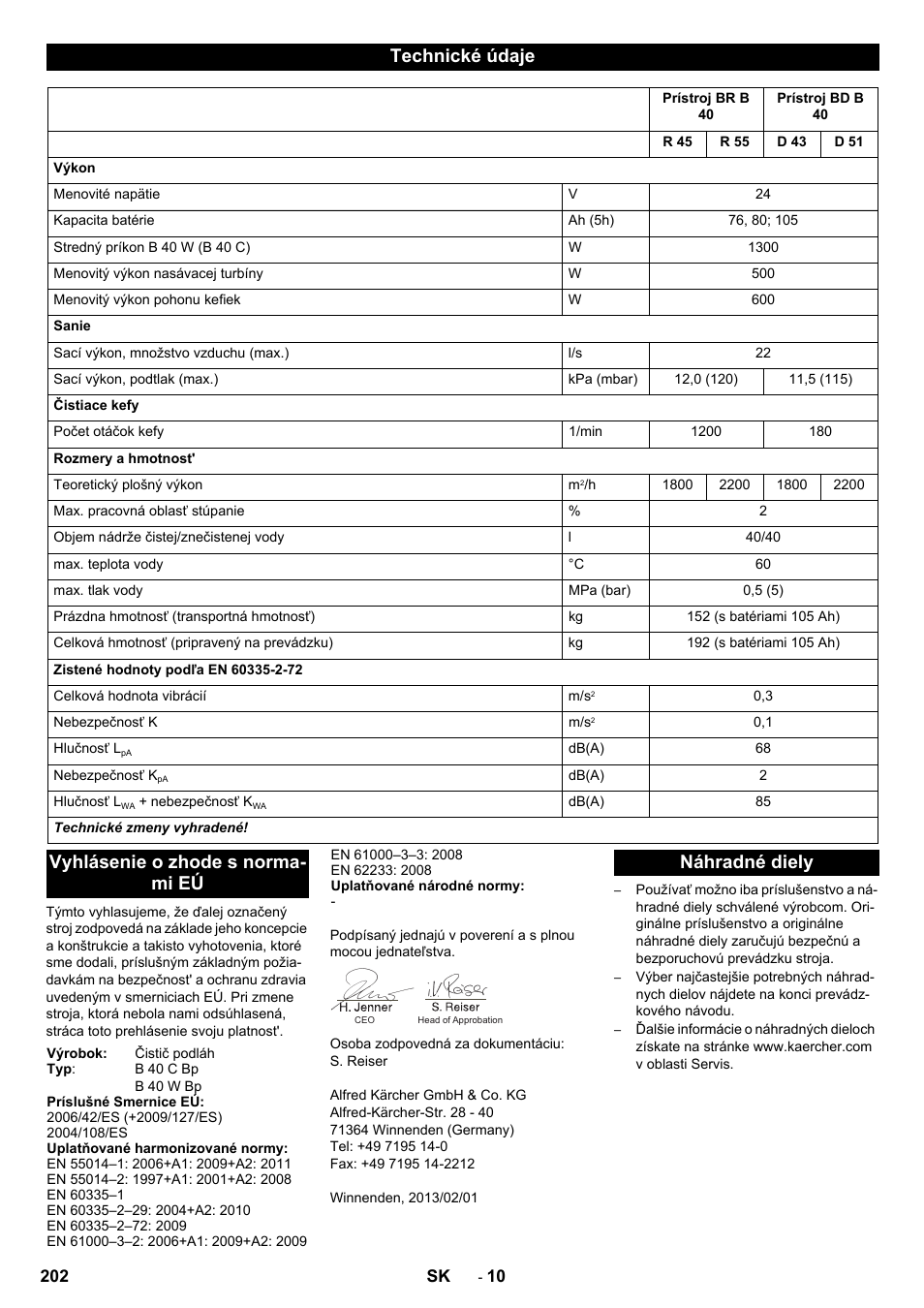 Technické údaje, Vyhlásenie o zhode s norma- mi eú, Náhradné diely | Karcher B 40 C Ep R 55 User Manual | Page 202 / 276