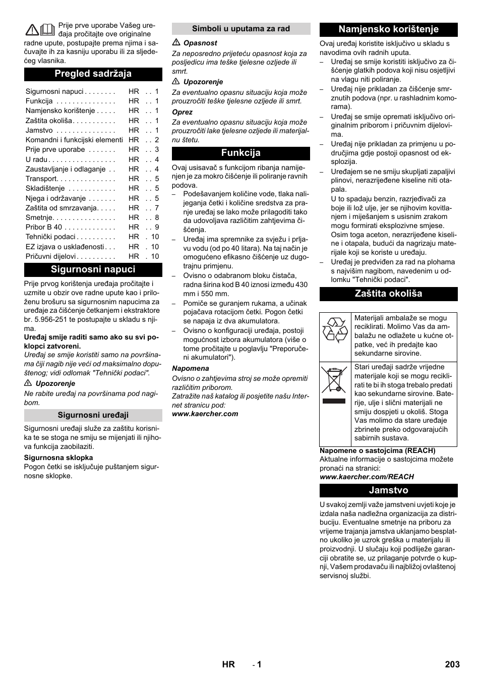 Hrvatski, Pregled sadržaja, Sigurnosni napuci | Funkcija namjensko korištenje zaštita okoliša, Jamstvo | Karcher B 40 C Ep R 55 User Manual | Page 203 / 276