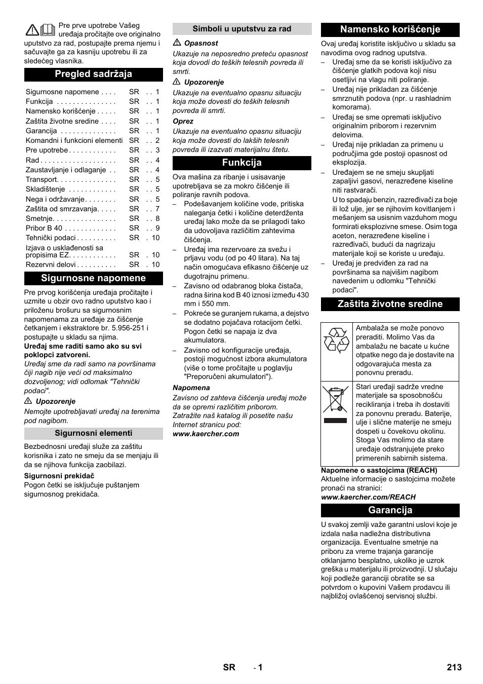 Srpski, Pregled sadržaja, Sigurnosne napomene | Garancija | Karcher B 40 C Ep R 55 User Manual | Page 213 / 276