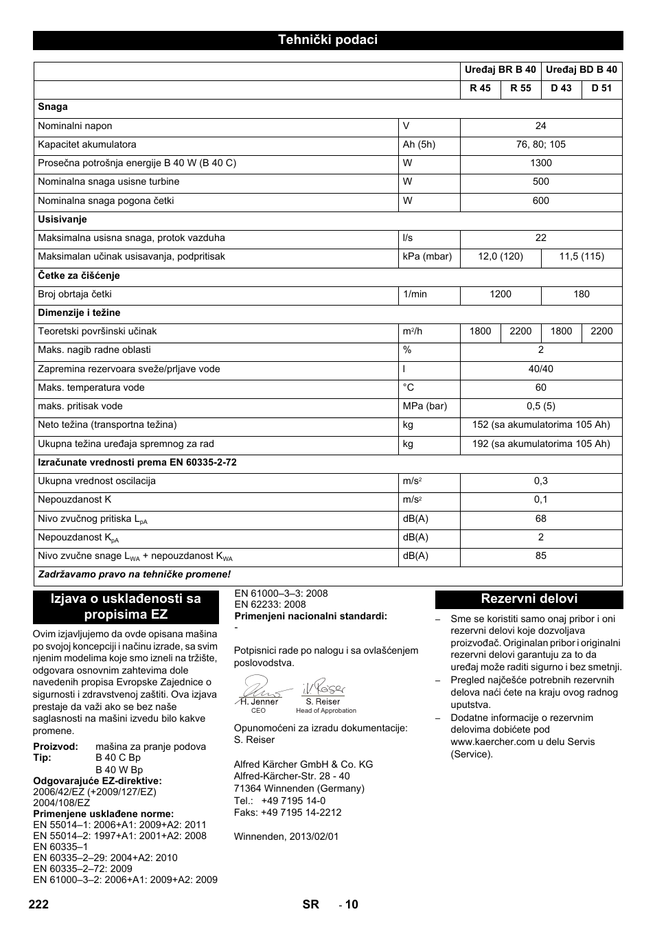 Tehnički podaci, Izjava o usklađenosti sa propisima ez, Rezervni delovi | Karcher B 40 C Ep R 55 User Manual | Page 222 / 276