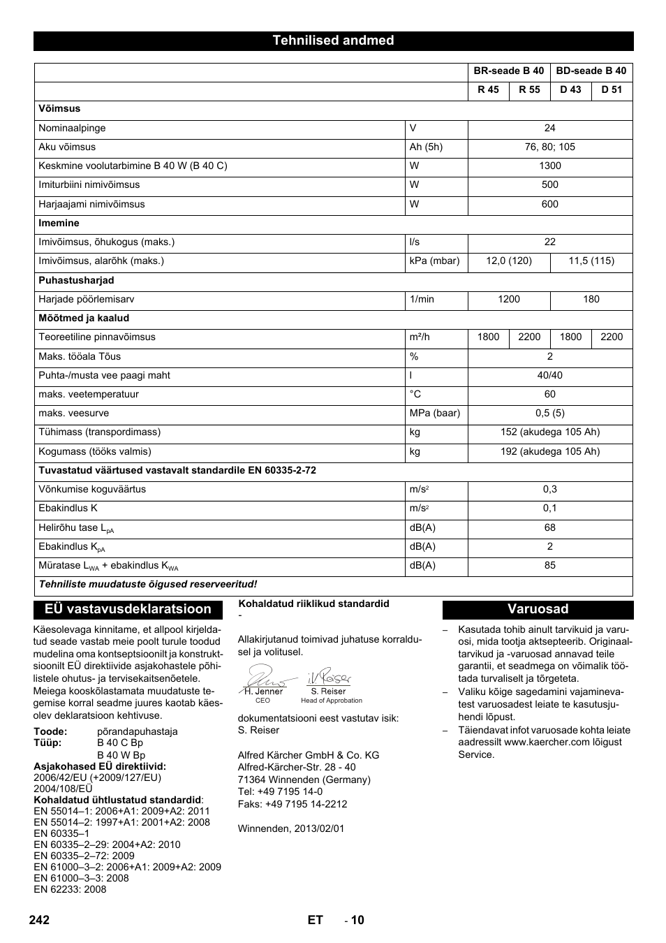 Tehnilised andmed, Eü vastavusdeklaratsioon, Varuosad | Karcher B 40 C Ep R 55 User Manual | Page 242 / 276