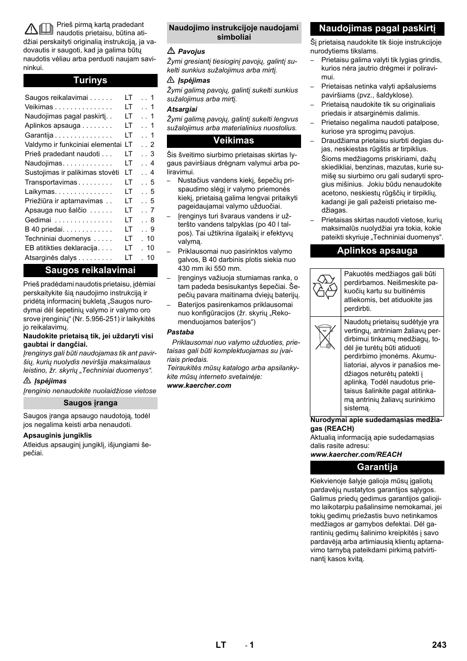 Lietuviškai, Turinys, Saugos reikalavimai | Garantija | Karcher B 40 C Ep R 55 User Manual | Page 243 / 276