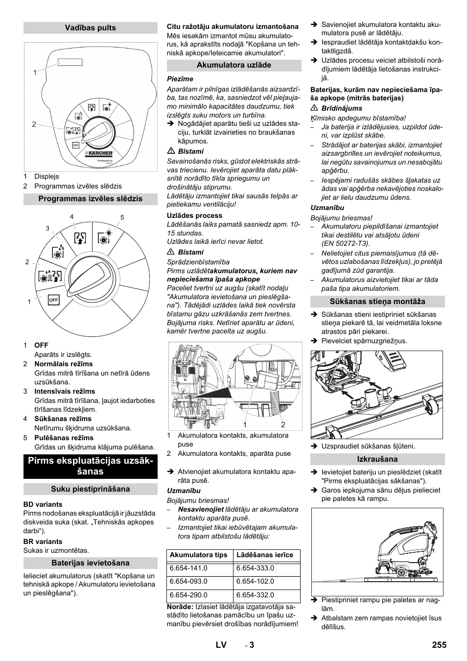 Pirms ekspluatācijas uzsāk- šanas | Karcher B 40 C Ep R 55 User Manual | Page 255 / 276