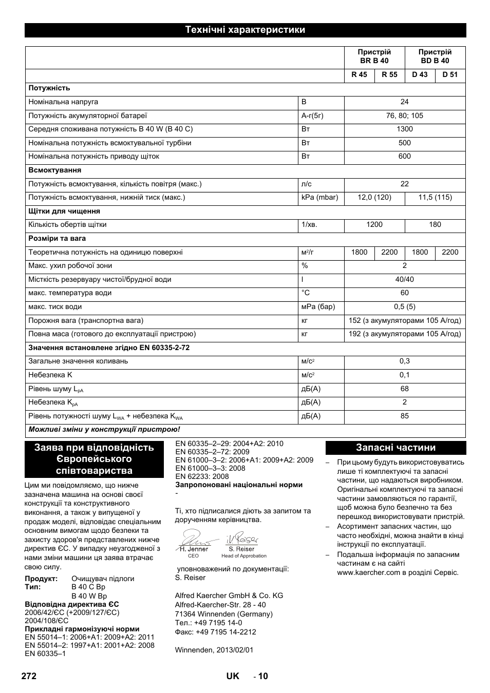 Технічні характеристики, Запасні частини | Karcher B 40 C Ep R 55 User Manual | Page 272 / 276