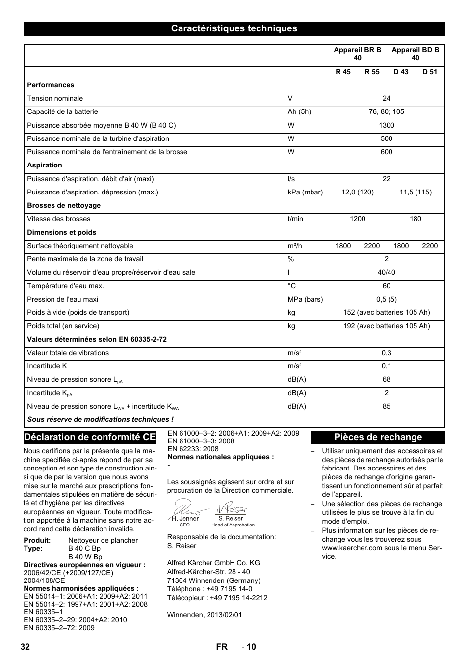Caractéristiques techniques, Déclaration de conformité ce, Pièces de rechange | Karcher B 40 C Ep R 55 User Manual | Page 32 / 276