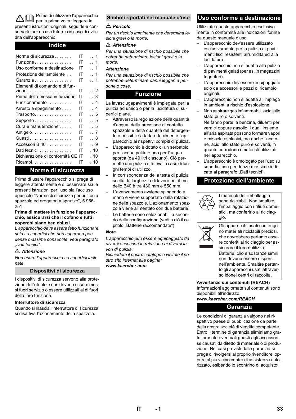 Italiano, Indice, Norme di sicurezza | Garanzia | Karcher B 40 C Ep R 55 User Manual | Page 33 / 276