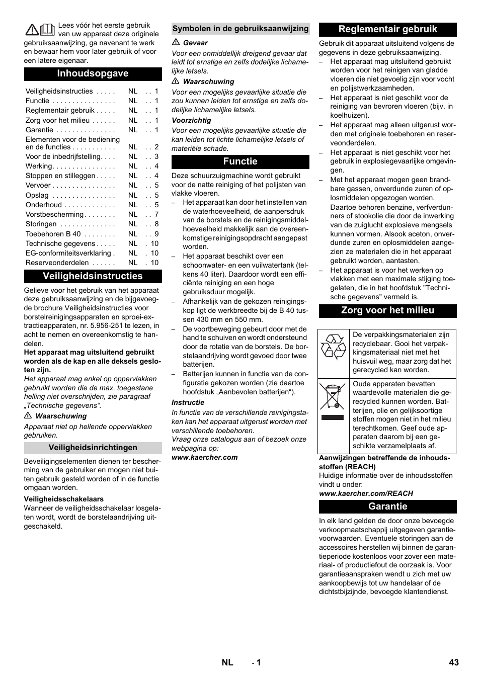 Nederlands, Inhoudsopgave, Veiligheidsinstructies | Functie reglementair gebruik zorg voor het milieu, Garantie | Karcher B 40 C Ep R 55 User Manual | Page 43 / 276