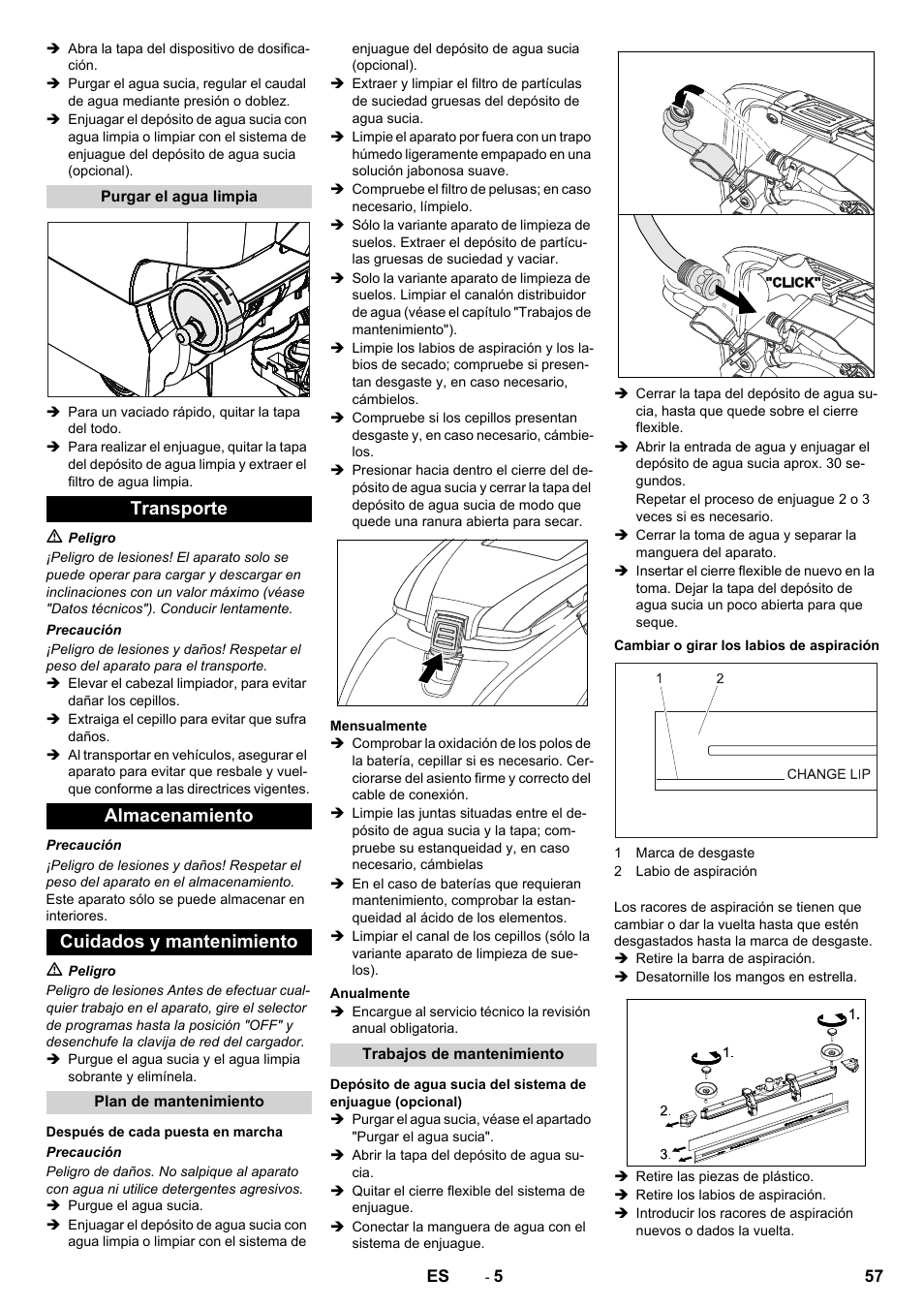 Transporte almacenamiento cuidados y mantenimiento | Karcher B 40 C Ep R 55 User Manual | Page 57 / 276