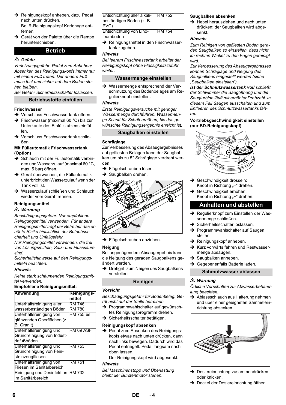 Betrieb, Anhalten und abstellen | Karcher B 40 C Ep R 55 User Manual | Page 6 / 276