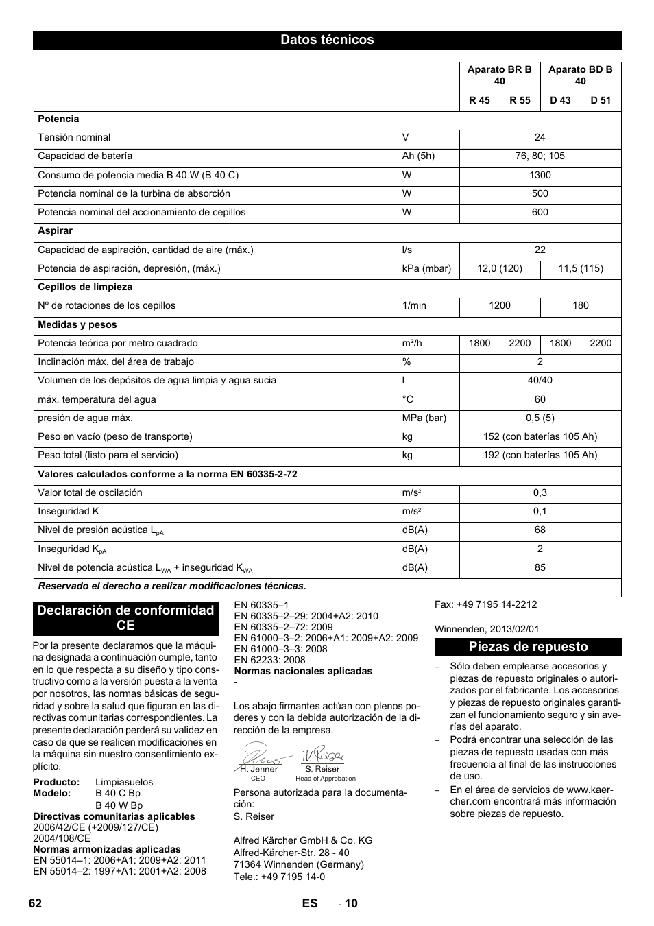 Datos técnicos, Declaración de conformidad ce, Piezas de repuesto | Karcher B 40 C Ep R 55 User Manual | Page 62 / 276
