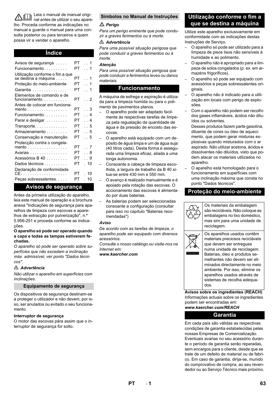 Português, Índice, Avisos de segurança | Garantia | Karcher B 40 C Ep R 55 User Manual | Page 63 / 276