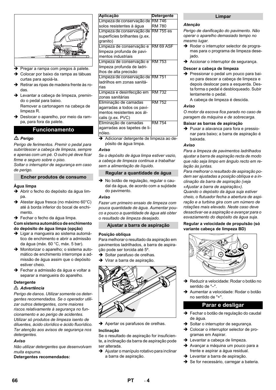 Funcionamento, Parar e desligar | Karcher B 40 C Ep R 55 User Manual | Page 66 / 276