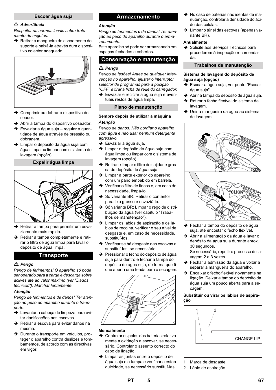 Transporte armazenamento conservação e manutenção | Karcher B 40 C Ep R 55 User Manual | Page 67 / 276
