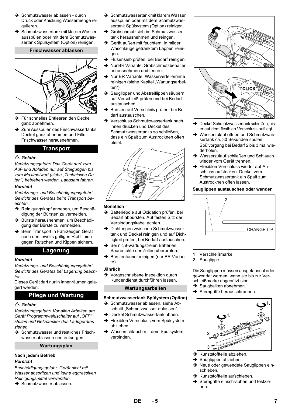 Transport lagerung pflege und wartung | Karcher B 40 C Ep R 55 User Manual | Page 7 / 276