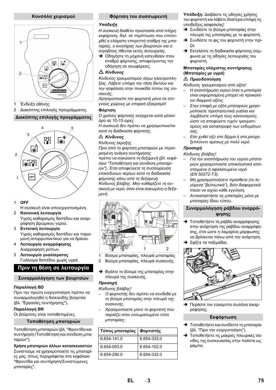 Πριν τη θέση σε λειτουργία | Karcher B 40 C Ep R 55 User Manual | Page 75 / 276
