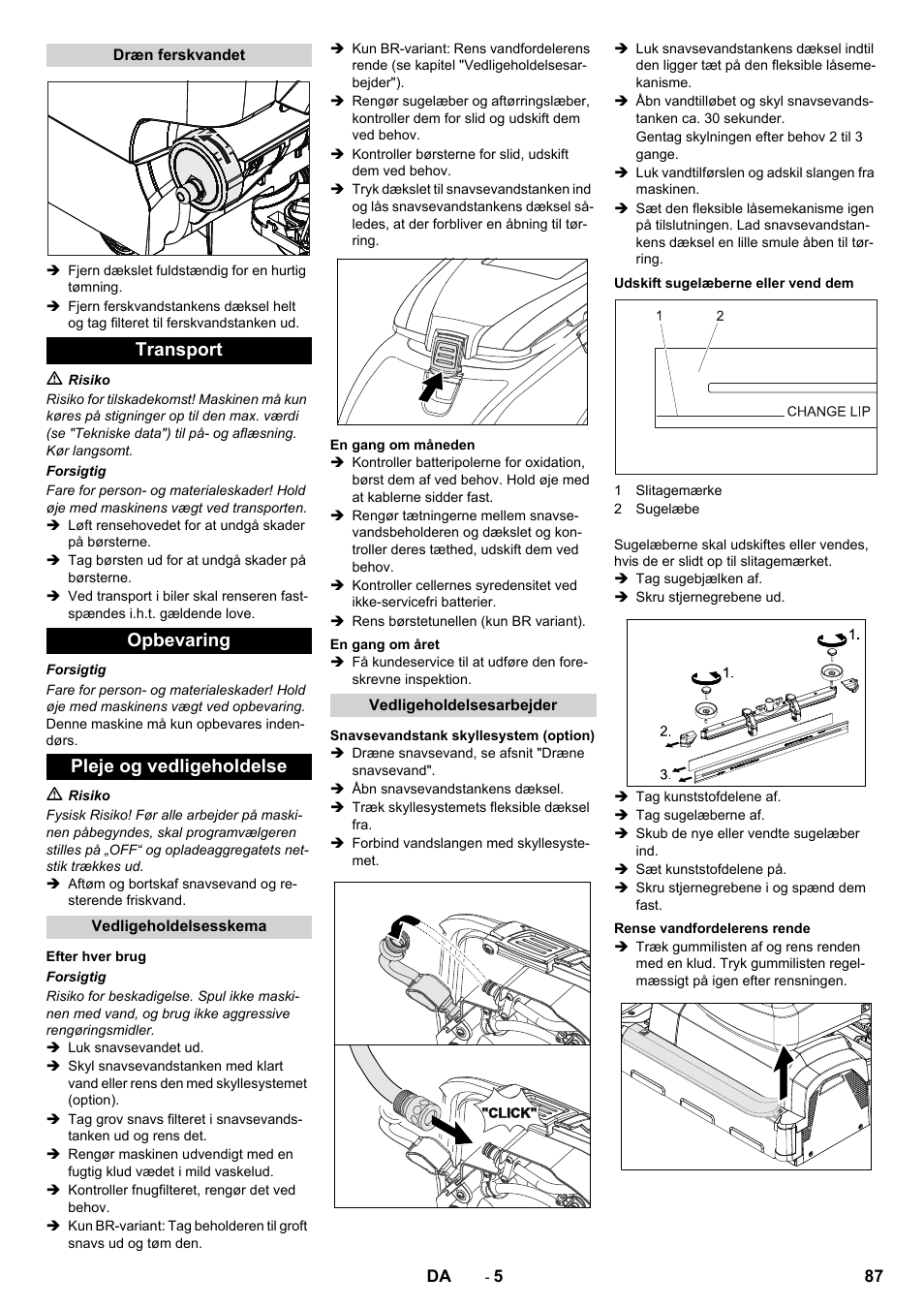 Transport opbevaring pleje og vedligeholdelse | Karcher B 40 C Ep R 55 User Manual | Page 87 / 276