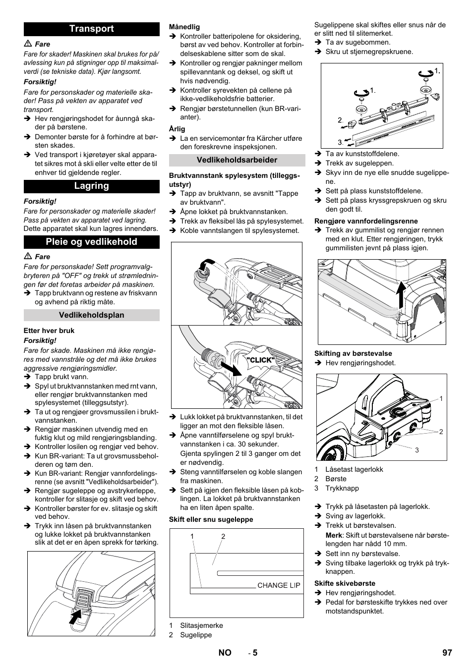 Transport lagring pleie og vedlikehold | Karcher B 40 C Ep R 55 User Manual | Page 97 / 276