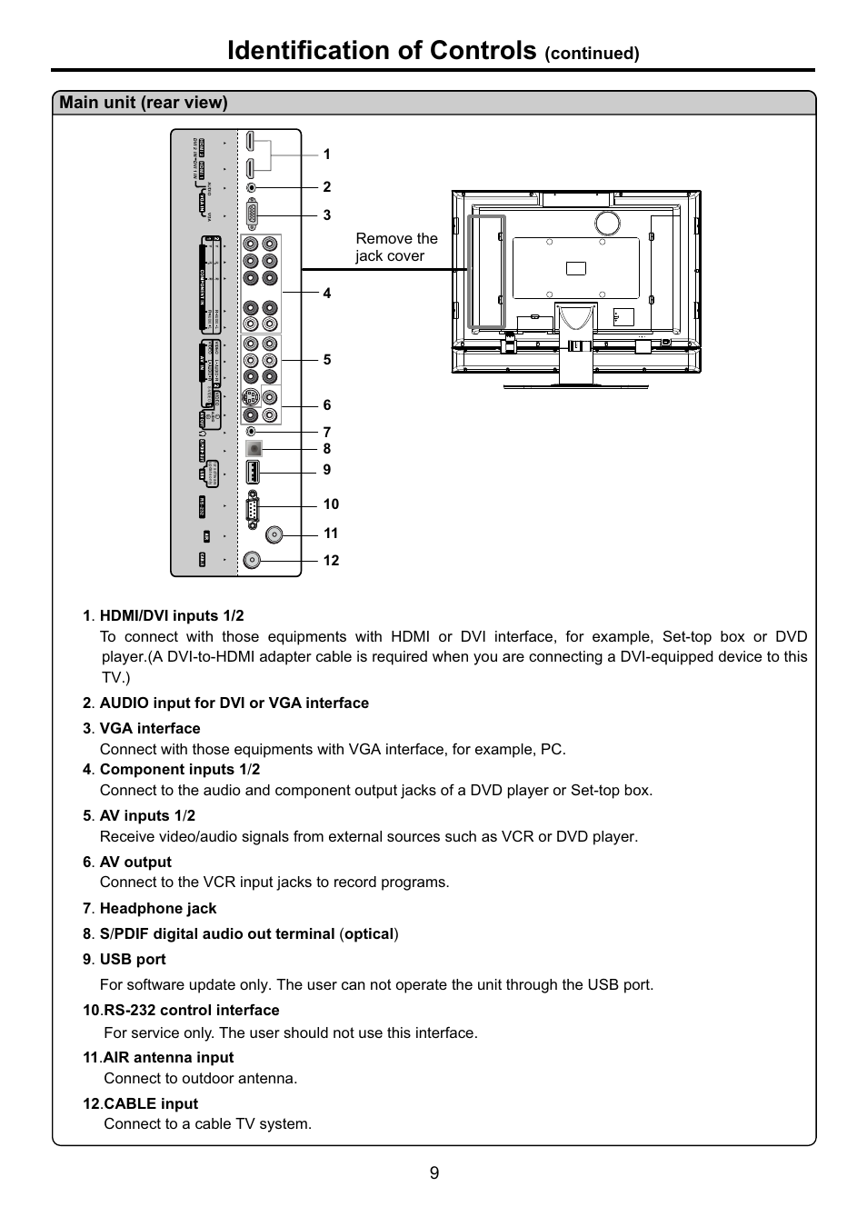 页面 11, Identification of controls, Continued) main unit (rear view) 9 | Audiovox FPE3707HR User Manual | Page 11 / 55