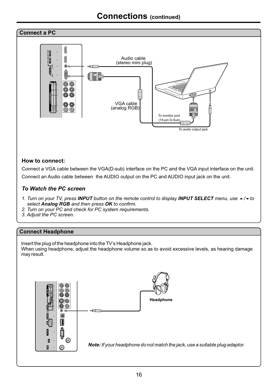 页面 18, Connections, Connect a pc how to connect | Continued) 16 connect headphone, Vga cable (analog rgb), Audio cable (stereo mini plug), Headphone | Audiovox FPE3707HR User Manual | Page 18 / 55