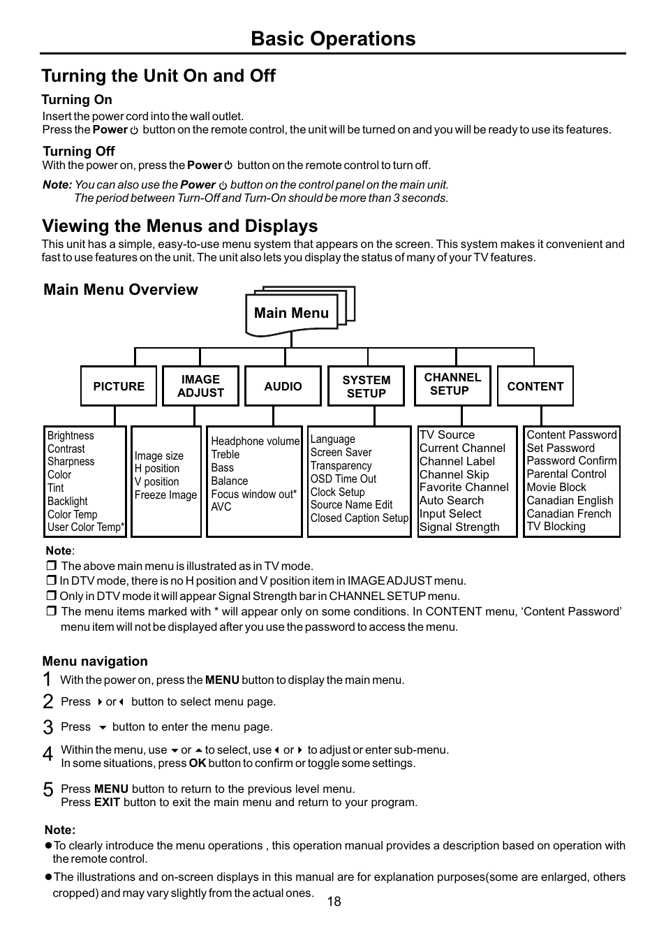 页面 20, Basic operations, Turning the unit on and off | Viewing the menus and displays, Main menu overview | Audiovox FPE3707HR User Manual | Page 20 / 55