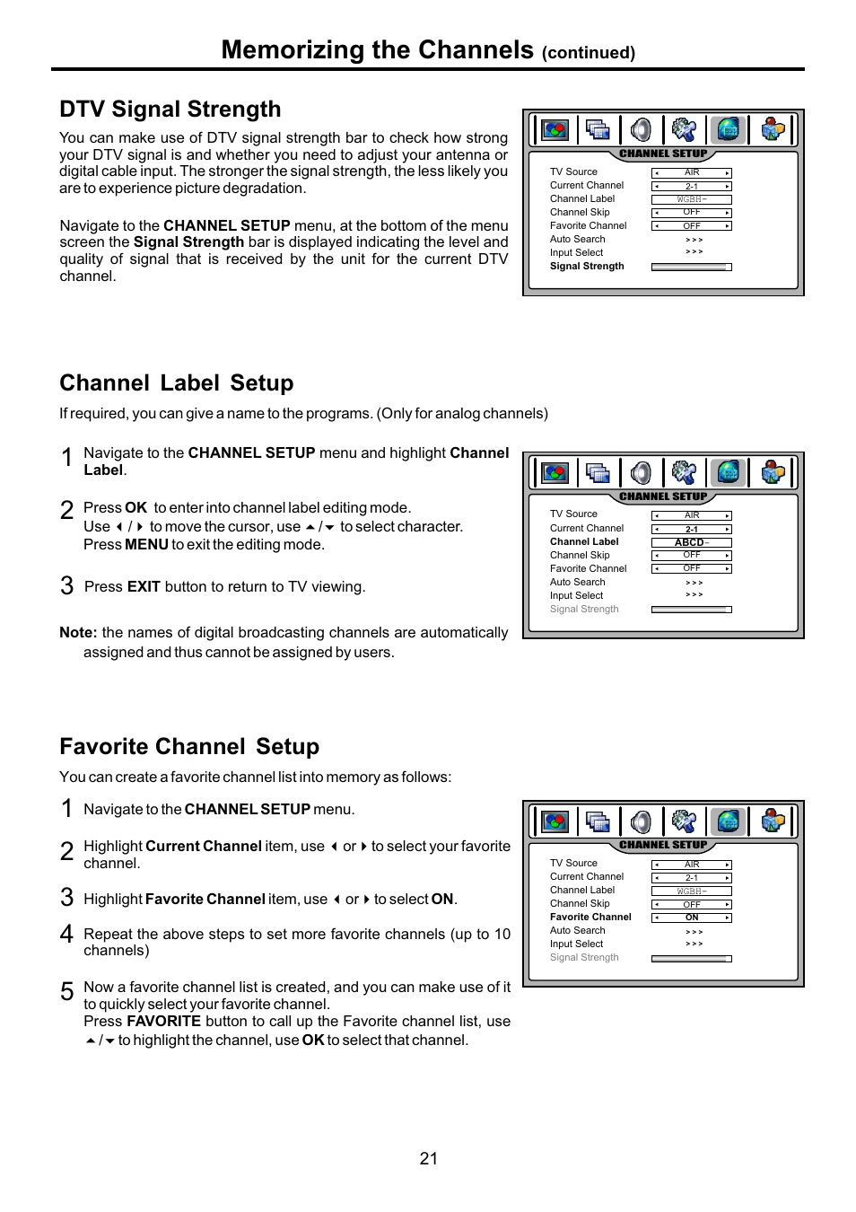 页面 23, Dtv signal strength, Channel | Label, Setup, Favorite channel | Audiovox FPE3707HR User Manual | Page 23 / 55