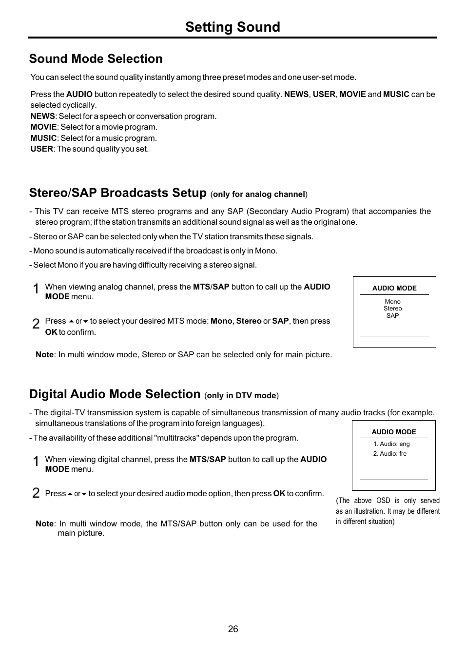 页面 28, Setting sound, Sound mode selection | Stereo / sap broadcasts setup, Digital audio mode selection | Audiovox FPE3707HR User Manual | Page 28 / 55