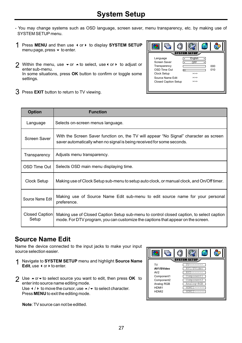 页面 29, System setup 1 2, Source name edit | Audiovox FPE3707HR User Manual | Page 29 / 55