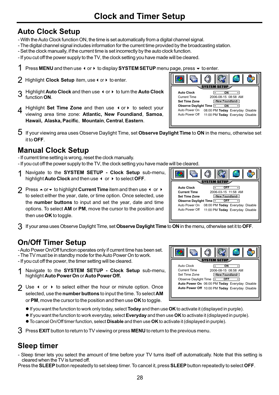 页面 30, Clock and timer setup, Auto clock setup | Manual clock setup, Sleep timer, On/off timer setup | Audiovox FPE3707HR User Manual | Page 30 / 55