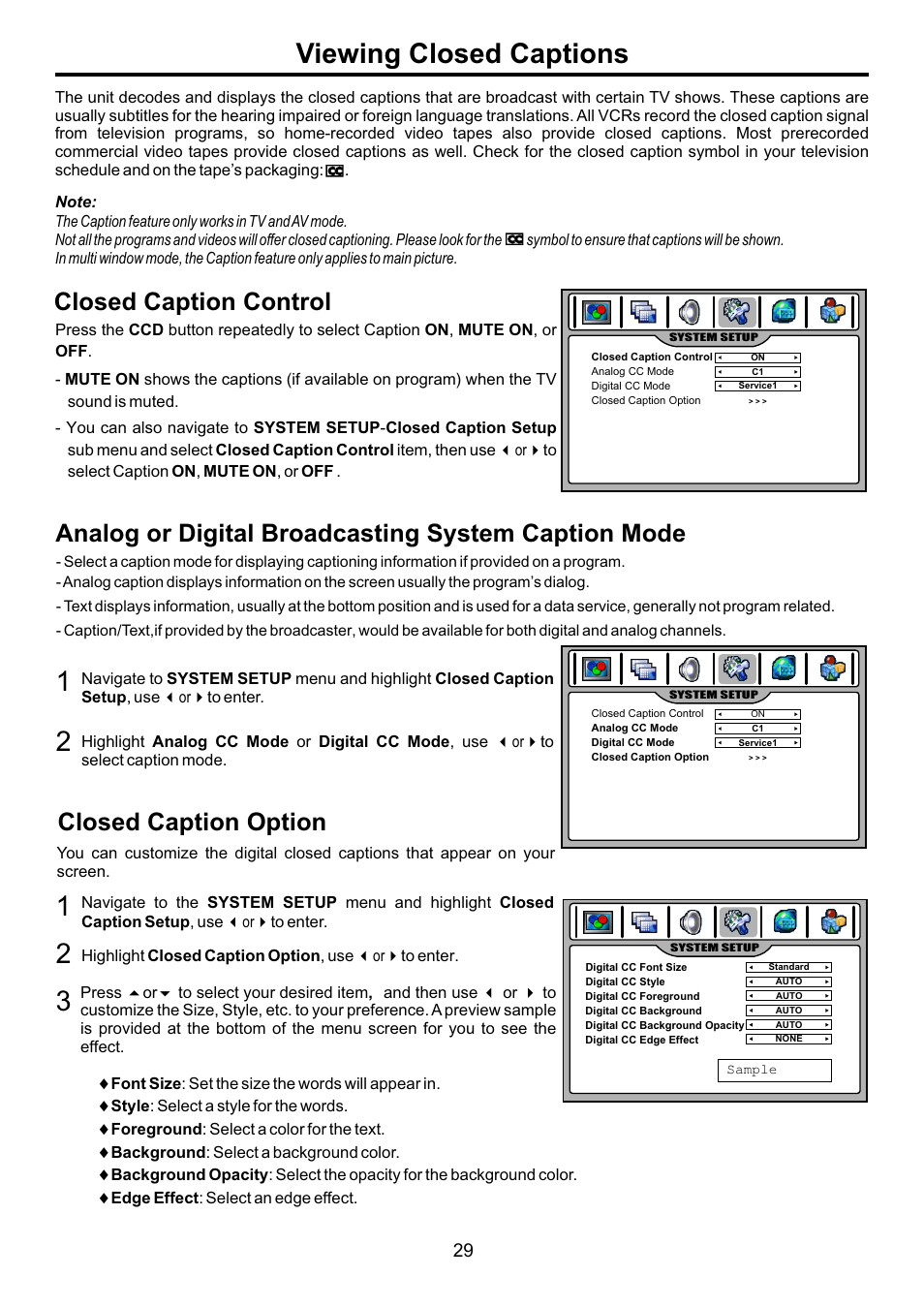 页面 31, Viewing closed captions, Closed caption control | Analog or digital broadcasting system caption mode, Closed caption option | Audiovox FPE3707HR User Manual | Page 31 / 55